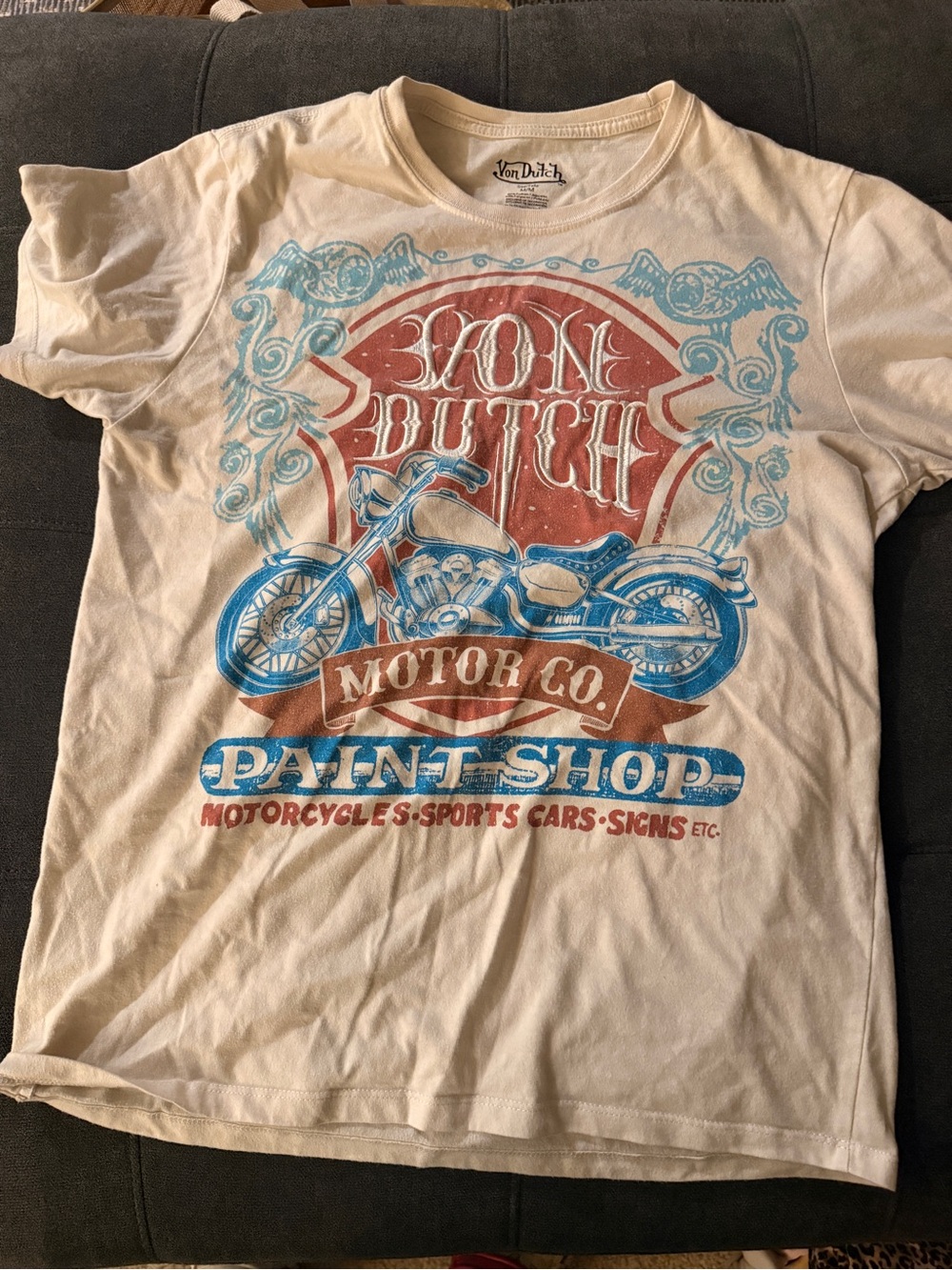 Von Dutch White Tee with Blue & Red Motorcycle Graphic